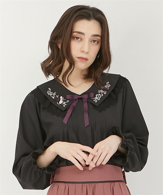 a403/F 美品　Abel オールインワン　背中あき　刺繍リボン黒ブラック a403/F 美品 Abel オールインワン 背中あき 刺繍リボン黒