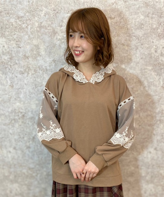 OUTLET】袖レース重ねパーカープルオーバー | outlet | axes femme 在庫処分セール 可愛い♡レース付きパーカー(M) Tシャツ/カットソー(半袖/袖なし)