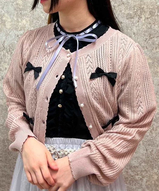 リボン付透かし編みニットカーディガン | レディース服 リボン付透かし編みニットカーディガン | レディース服
