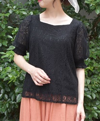 チュール袖総レーストップス【期間限定価格】(黒-F)