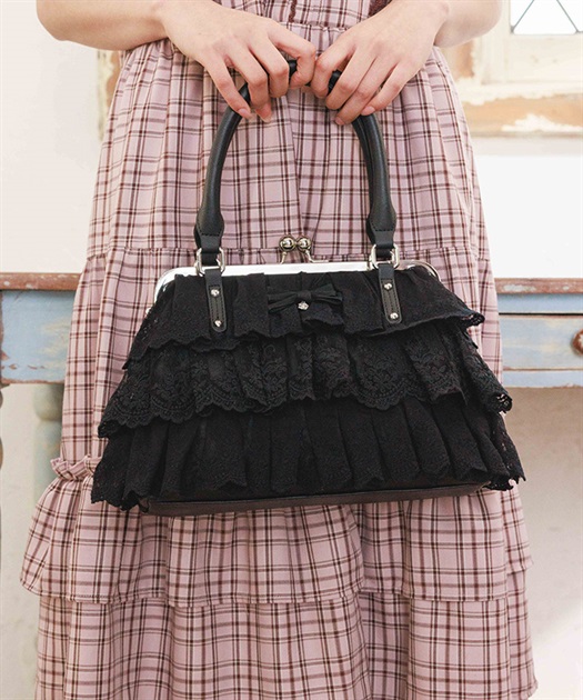 レースフリルがま口バッグ(黒-F)
