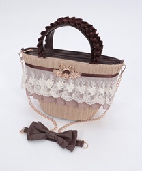 レースフリル雑材かごバッグ(茶-F)
