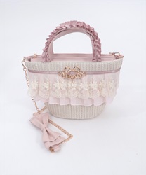 レースフリル雑材かごバッグ(ピンク-F)