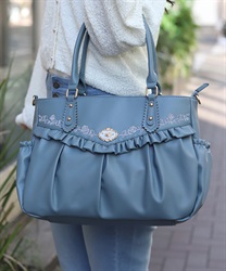 ローズ刺繍フリルＡ４トート(ブルー-F)