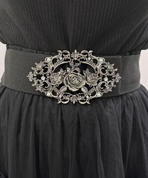 薔薇装飾バックル太幅ベルト(シルバー-F)