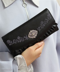ローズ刺繍フリル長財布(黒-F)