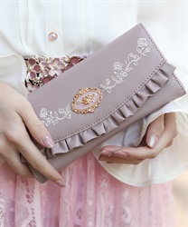 ローズ刺繍フリル長財布(ピンク-F)