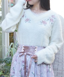 ローズ刺繍フェザーニット(白-F)