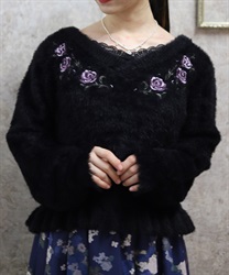 ローズ刺繍フェザーニット(黒-F)