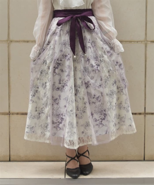 薔薇柄チュール×レース重ねスカート【期間限定価格 薔薇柄チュール×レース重ねスカート【期間限定価格