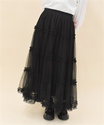 チュールティアードロングスカート【2点10%OFF対象商品】(黒-M)