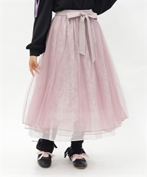 チュール×レースロングスカート(ピンク-M)