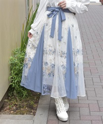 フラワーパネルプリントレーススカート【2点10%OFF対象商品】(サックス-F)