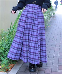起毛チェック柄ロングスカート(パープル-F)