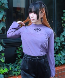 クロス刺繍ラメカットトップス(パープル-M)