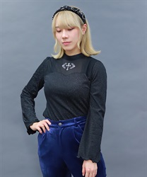 クロス刺繍ラメカットトップス(黒-M)