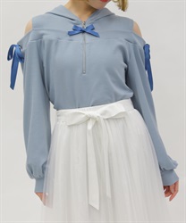 リボン付きオフショルリブプルオーバー(サックス-M)