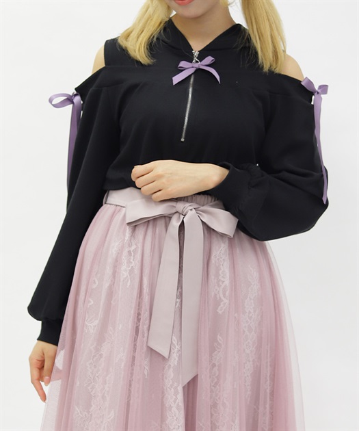 リボン付きオフショルリブプルオーバー(黒-M)