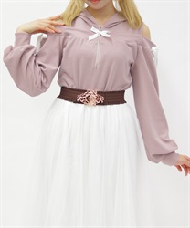 リボン付きオフショルリブプルオーバー(ピンク-M)