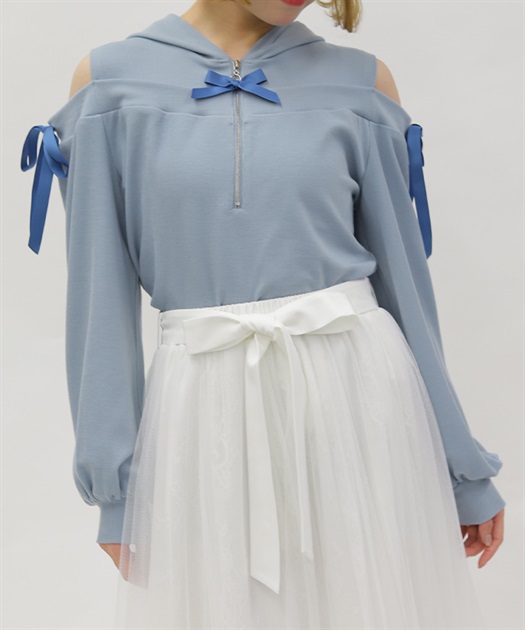 リボン付きオフショルリブプルオーバー