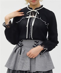 ボレロ風バイカラーレースプルオーバー(黒-M)