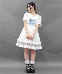 クロス刺繍セーラーミニワンピース(白-M)