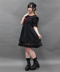 クロス刺繍セーラーミニワンピース(黒-M)