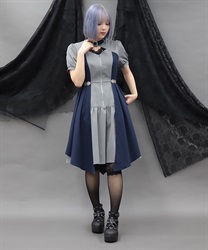 金具デザインバイカラーワンピース(グレー-M)