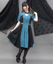 金具デザインバイカラーワンピース(ブルーグリーン-M)