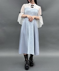 チャイナボタンフレア袖ワンピース(グレー-M)