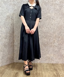 襟付カットワークプリーツワンピース(黒-F)