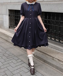 ブローチ付きバイカラーワンピース【POE】(紺-M)