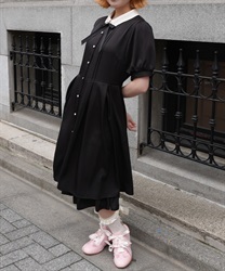 ブローチ付きバイカラーワンピース【POE】(黒-M)