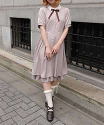 ブローチ付きバイカラーワンピース【POE】(グレージュ-M)