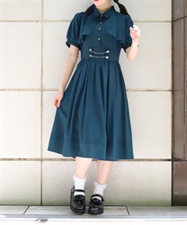 ハイウエストフラシ半袖ワンピース(グリーン-F)