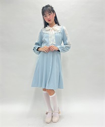 kids肩レースブロッキングワンピース(サックス-150cm)