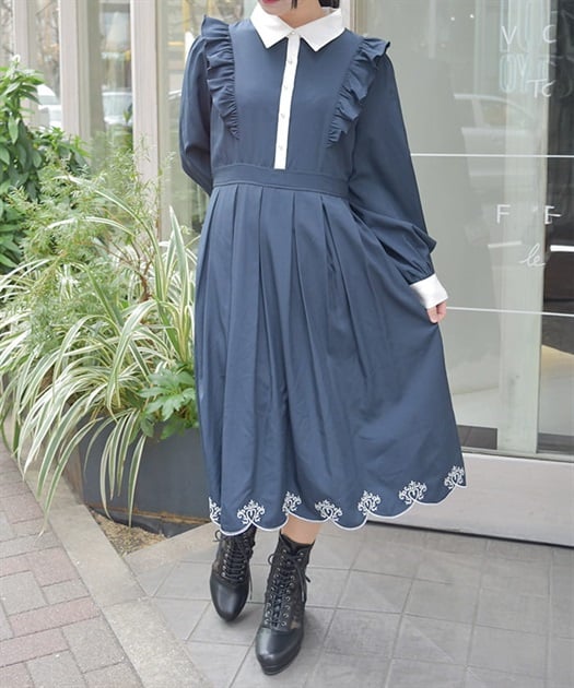 スカラップ刺繍バイカラーワンピース | レディース服 スカラップ刺繍バイカラーワンピース | レディース服
