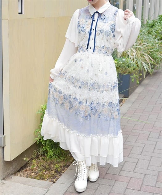 フラワーパネルプリントレースワンピース