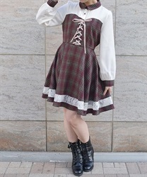 ビスチェ切替チェック柄ワンピース(ワイン-F)