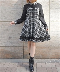 ビスチェ切替チェック柄ワンピース(黒-F)