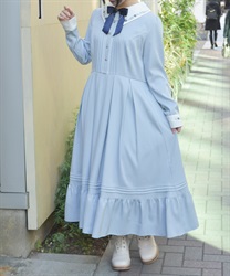 リボンセット刺繍ロングワンピース(サックス-M)