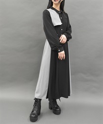 チェーン付バイカラーワンピース(黒-M)