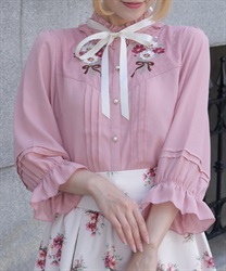 コスモスブーケ刺繍七分袖ブラウス