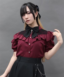 チャームリボン肩あき半袖ブラウス(ワイン-M)