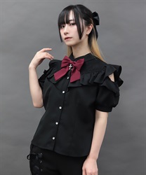 チャームリボン肩あき半袖ブラウス(黒-M)