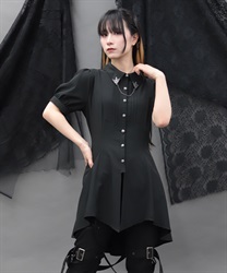 襟金具ロング半袖ブラウス(黒-M)