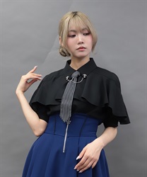 タイ付ラッフルフリル半袖ブラウス(黒-M)