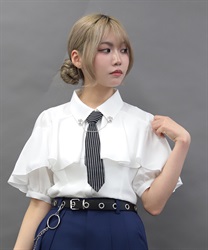 タイ付ラッフルフリル半袖ブラウス