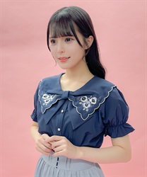 パンジー刺繍リボン襟ブラウス