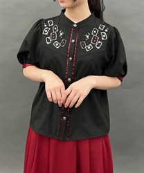 トランプ刺繍バイカラーブラウス(黒-F)